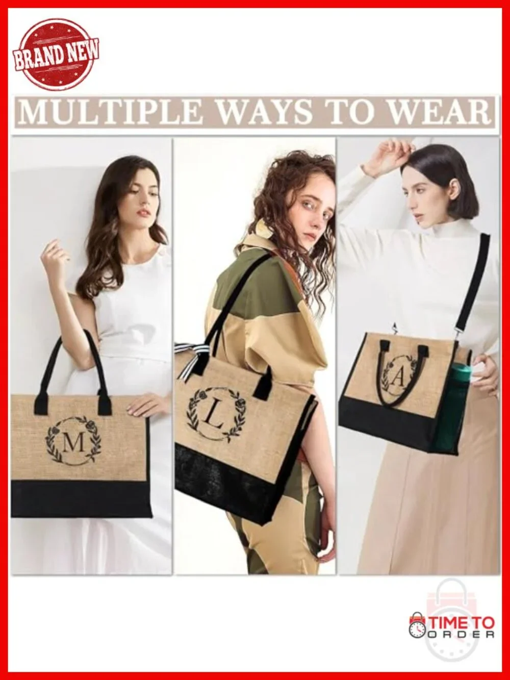 Personalized Initial Jute Tote Bag with Makeup Bag, Monogram Embroidery